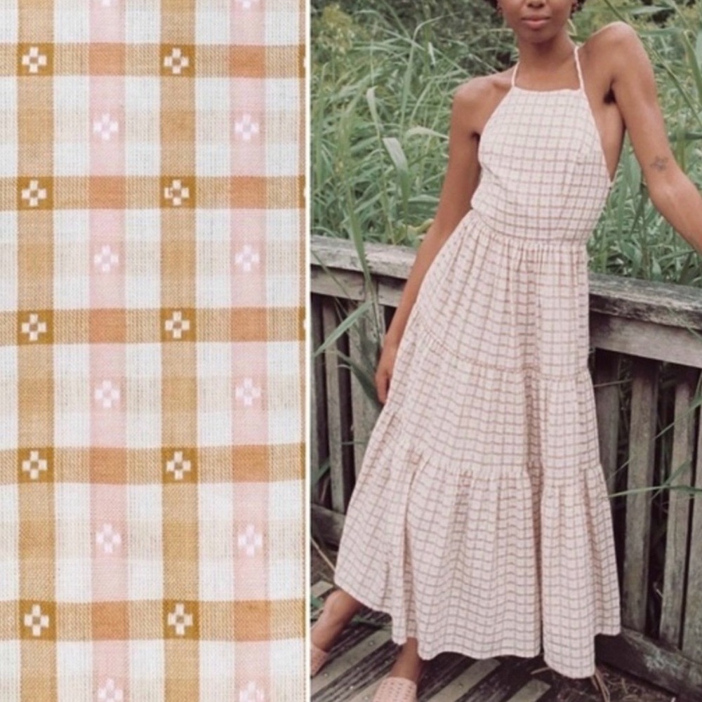 *SOLD*Christy Dawn Delphine Midi Tiered Sun Dress in Snapdragon Gingham Pink Tan - Picture 11 of 11